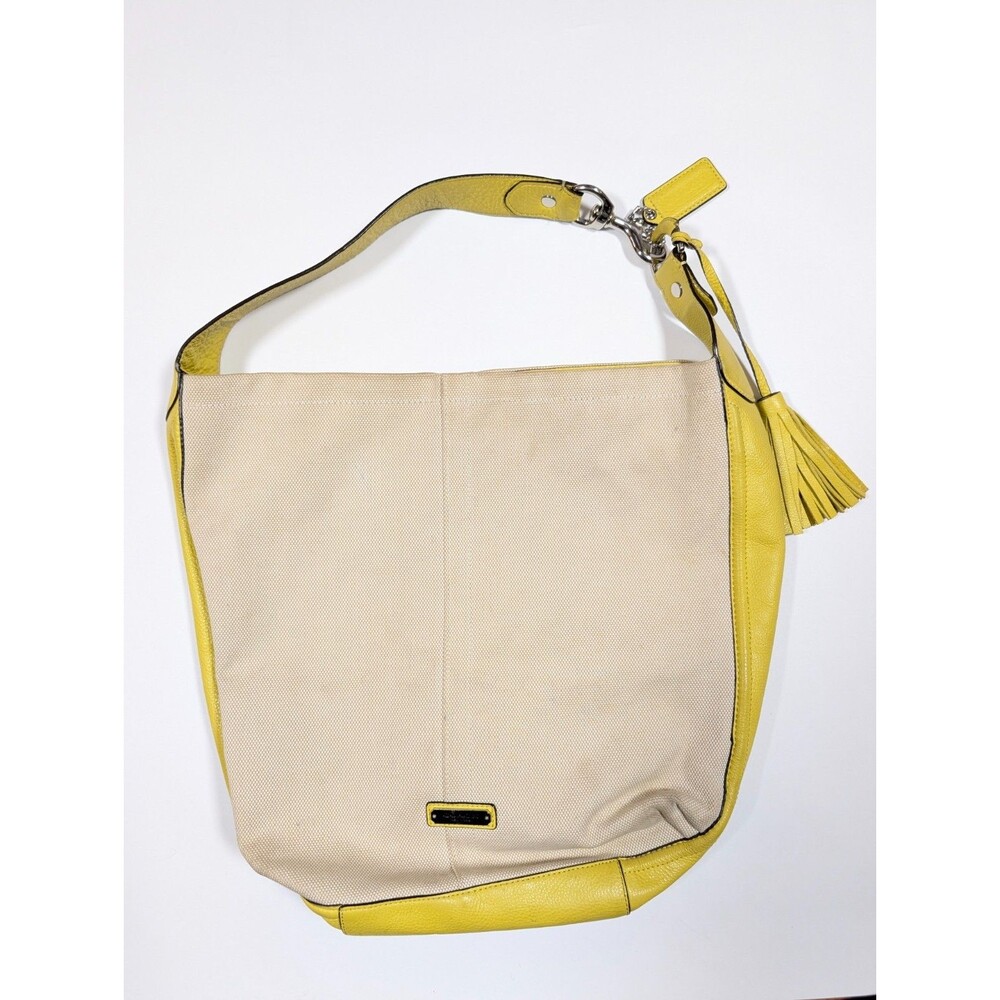 Coach Avery Hobo F28911 Lemon Yellow Leather Trim Natural Canvas Tote Purse